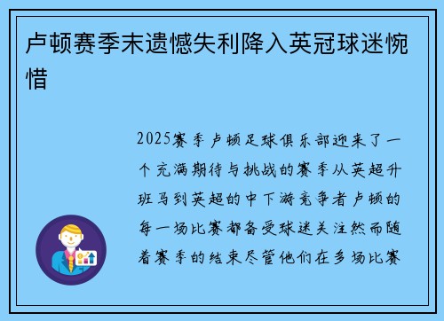 卢顿赛季末遗憾失利降入英冠球迷惋惜