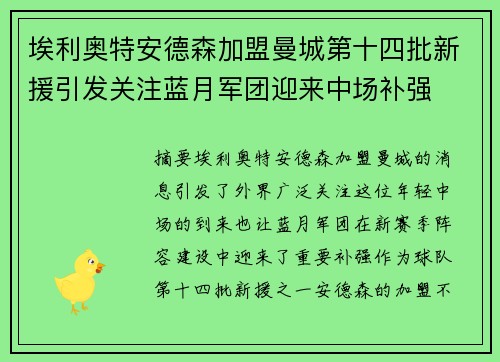 埃利奥特安德森加盟曼城第十四批新援引发关注蓝月军团迎来中场补强 埃利奥特安德森加盟曼城第十四批新援引发关注蓝月军团迎来中场补强